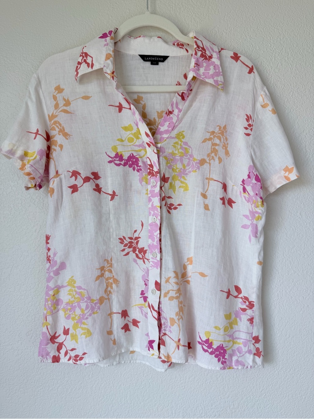 Lands’ End 100% Linen Floral Button Up Shirt White Pink Yellow Size 10